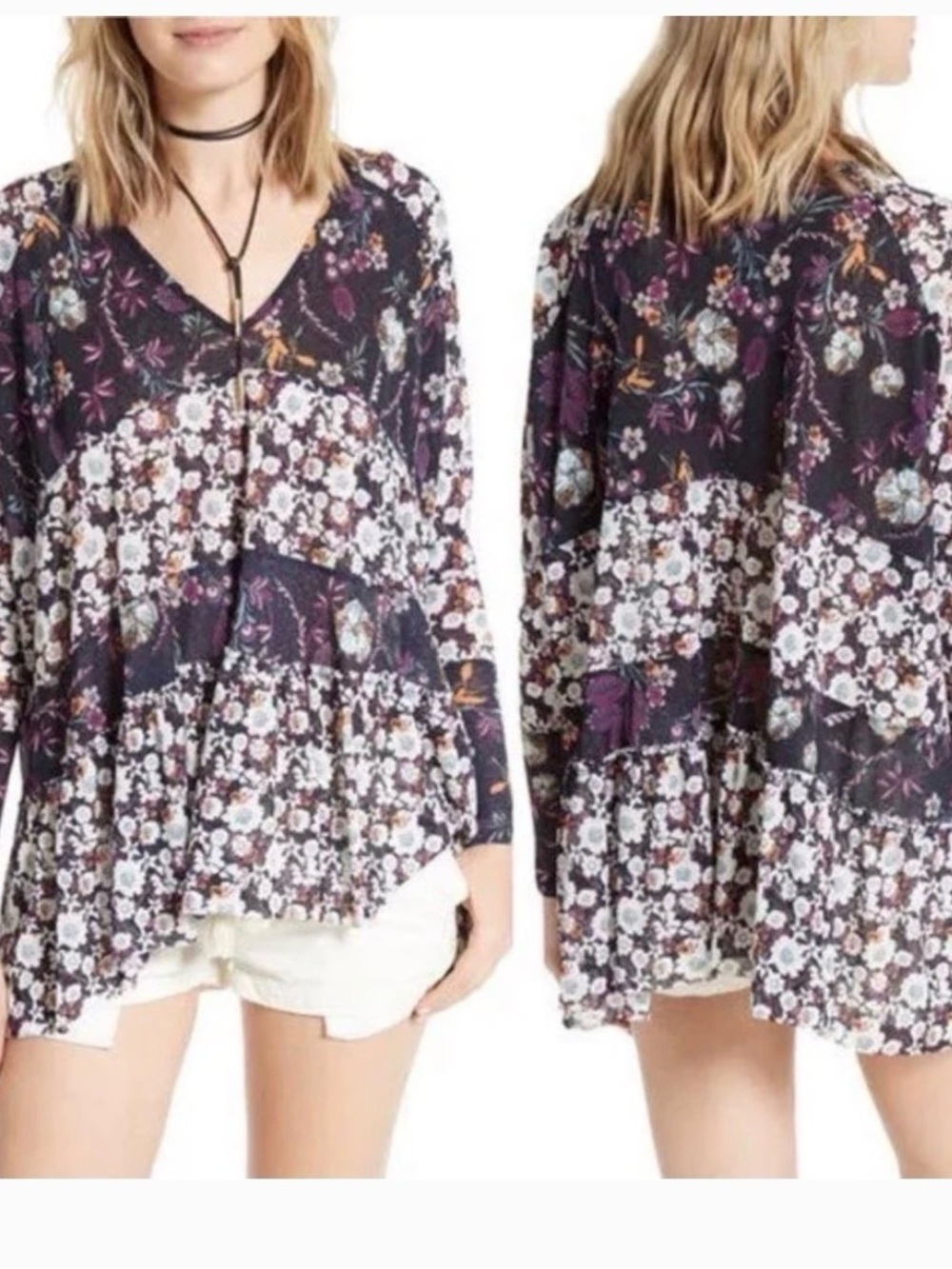 Free People XS Isabelle Sheer Floral Boho Tunic Top Tiered Ruffle Purple